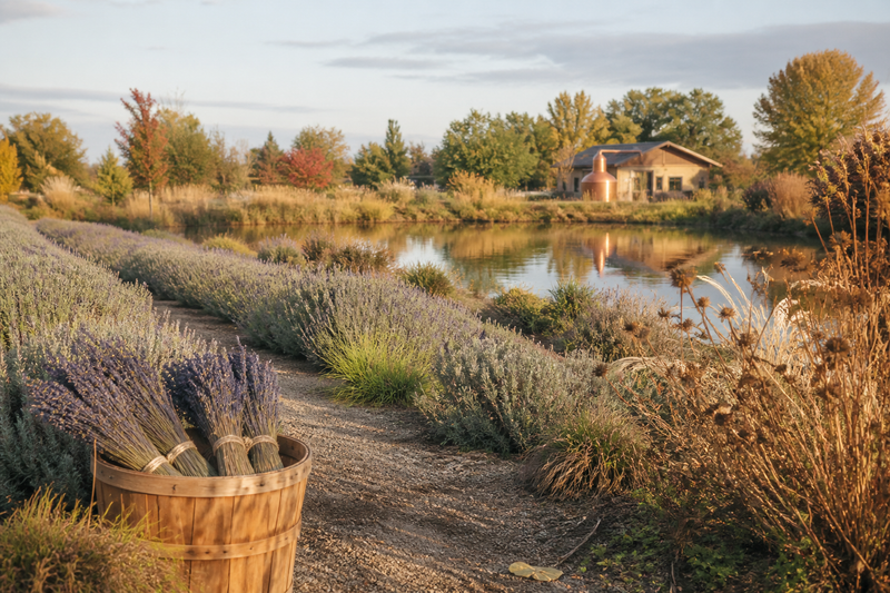 Lavenderland gardens and pond in warm autumn light