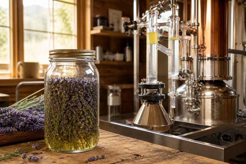 Lavender infusion beside farm steam-distillation equipment