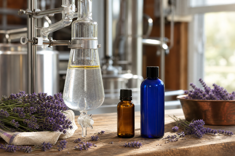 Lavender distillate separating into hydrosol and essential oil