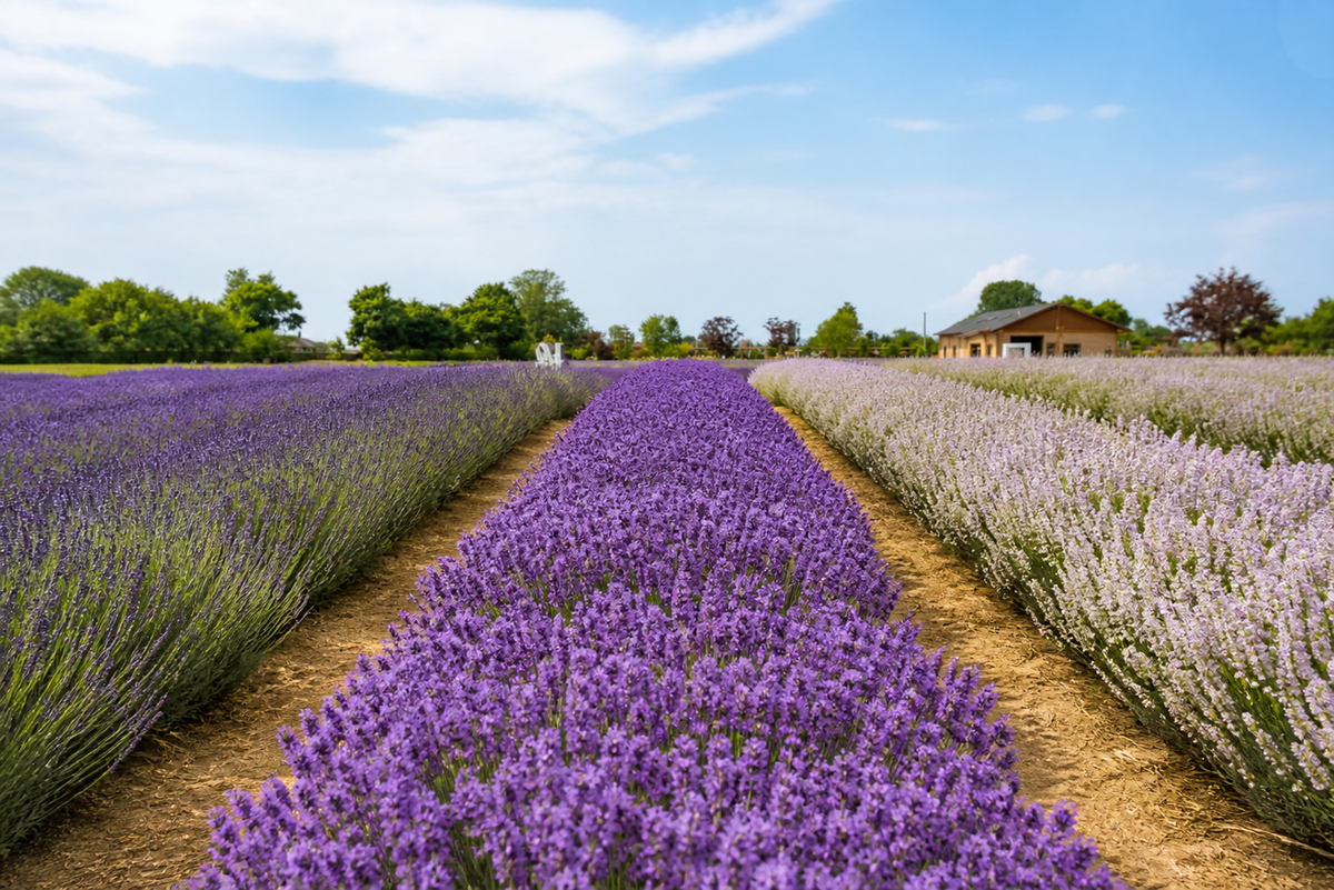 Lavender rows showing different bloom stages at a Richmond BC farm