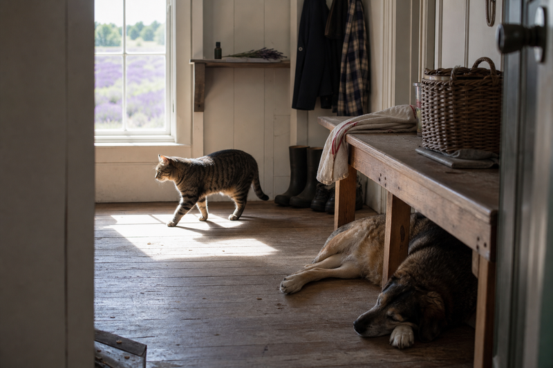 A cat and dog in a farmhouse with lavender oil stored safely out of reach