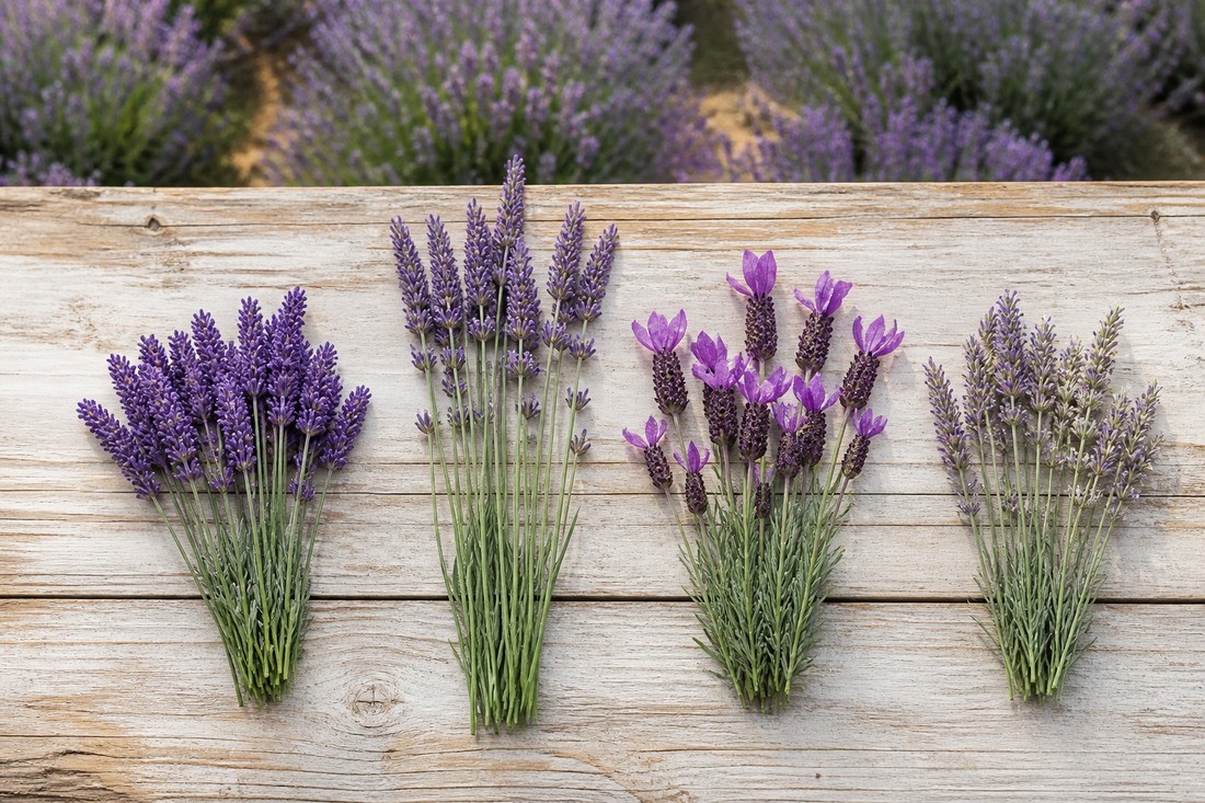 Four distinct lavender varieties arranged on a grower's wooden table