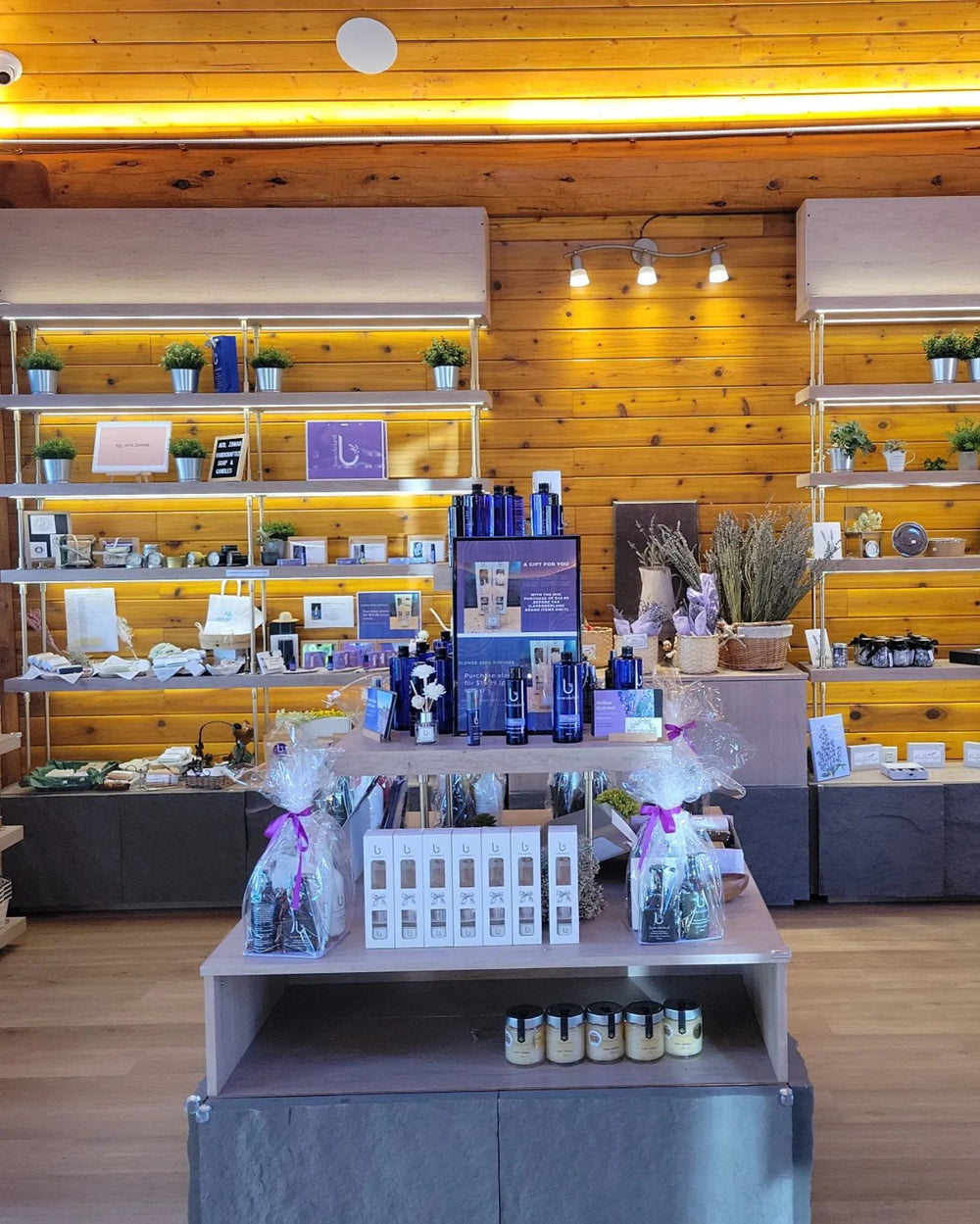 Shelves of lavender products inside the Lavenderland gift shop